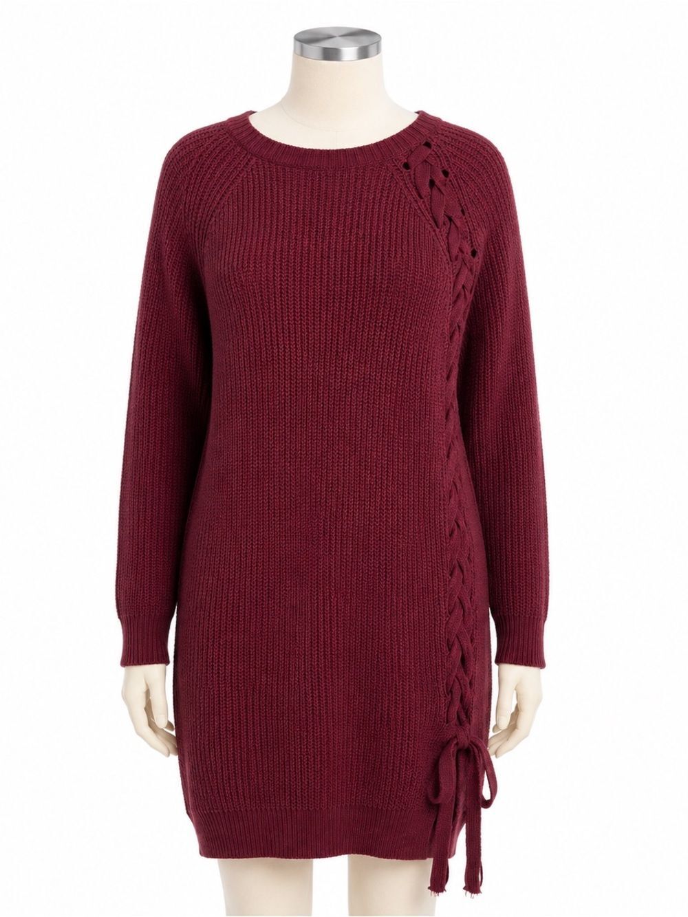 Main Strip Women's Burgundy Rib-Knit Sweater Tunic with Side Lace-Up
